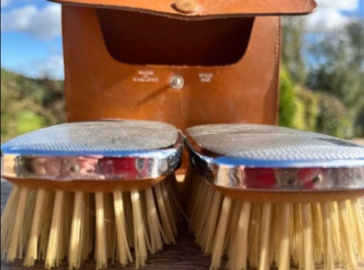 Vintage grooming brushes in hide case - Image 4