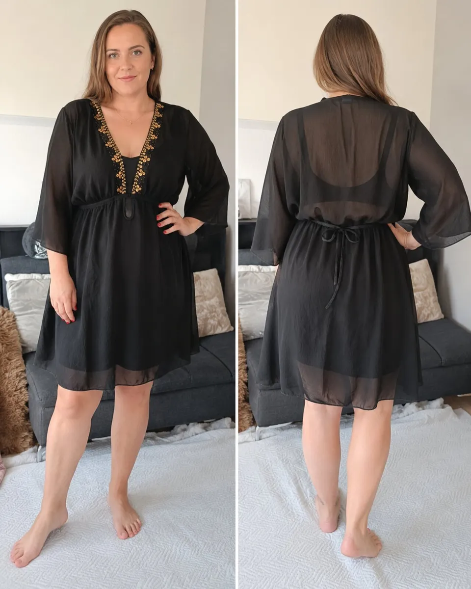 Black Sheer Beach Cover-Up with Gold Sequin Detail - Image 1