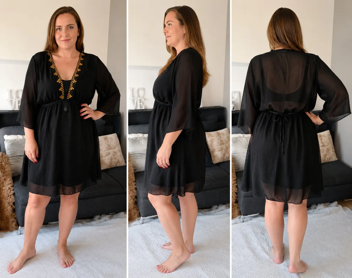 Black Sheer Beach Cover-Up with Gold Sequin Detail - Image 2