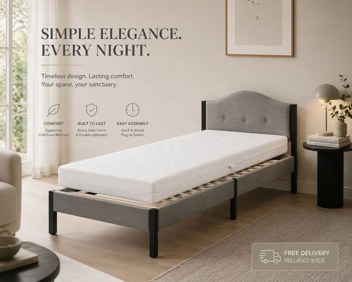 Single Bed with Mattress Grey Upholstered - Image 1
