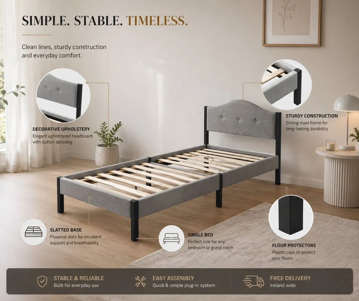 Single Bed with Mattress Grey Upholstered - Image 2