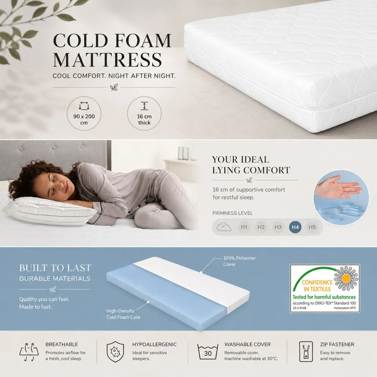 Single Bed with Mattress Grey Upholstered - Image 3