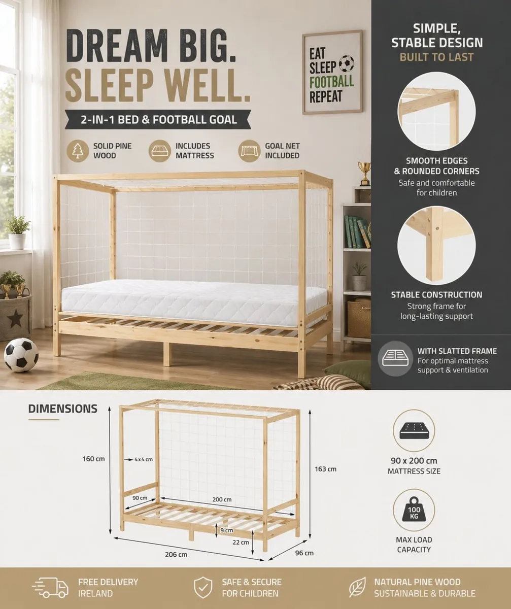 Kids Football Goal Bed with Mattress 90 x 200 Pine - Image 2