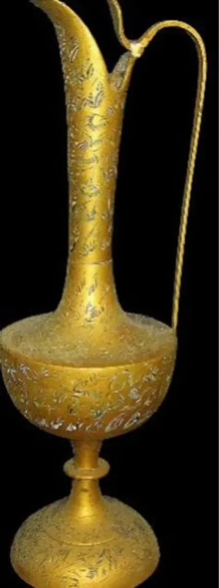 Vintage Tall Etched Brass Ewer Pitcher (15" Tall) - Image 1