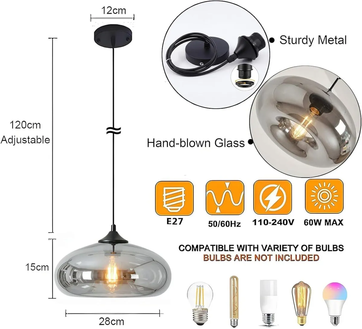 28CM Glass Pendant Light E27 Hanging Ceiling Lamp - Image 3