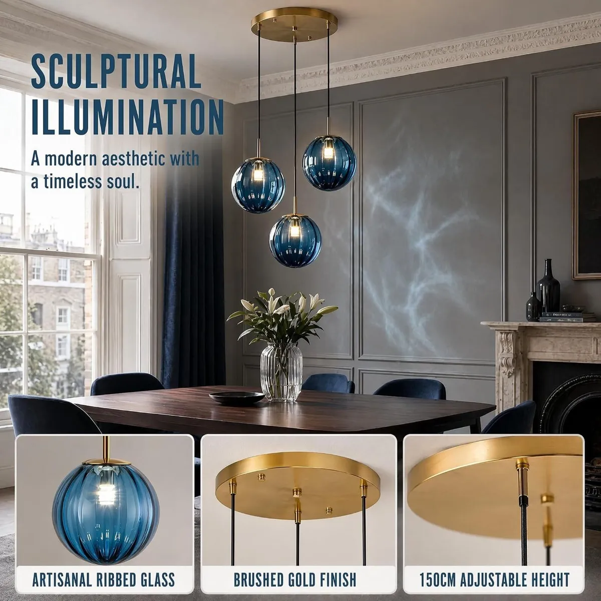 3 Lights Pendant Lighting Fixture with 15CM Glass - Image 3