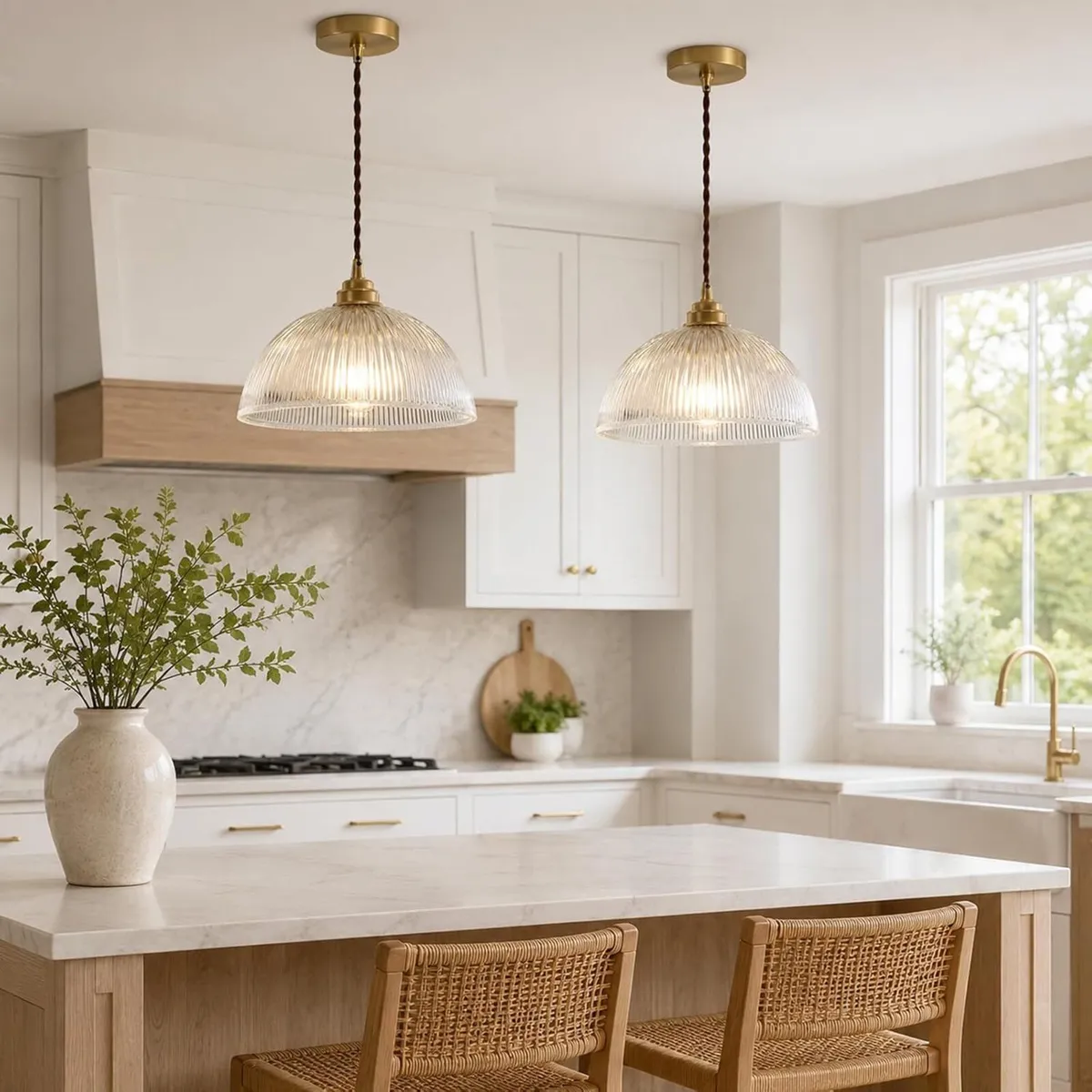Industrial Ribbed Glass Pendant Light E27 Brass - Image 4