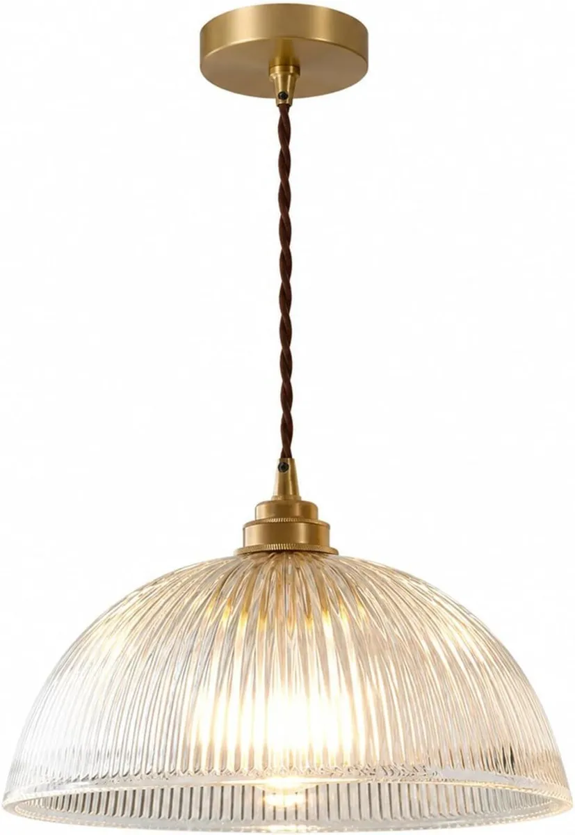 Industrial Ribbed Glass Pendant Light E27 Brass - Image 1