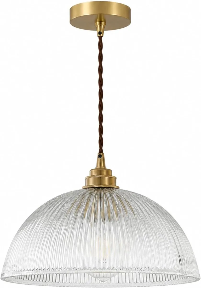 Industrial Ribbed Glass Pendant Light E27 Brass - Image 2