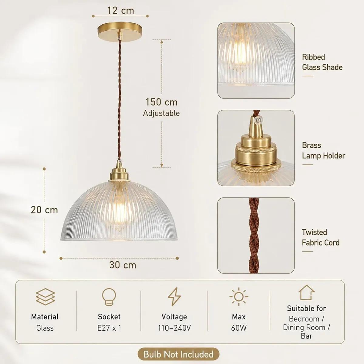 Industrial Ribbed Glass Pendant Light E27 Brass - Image 3