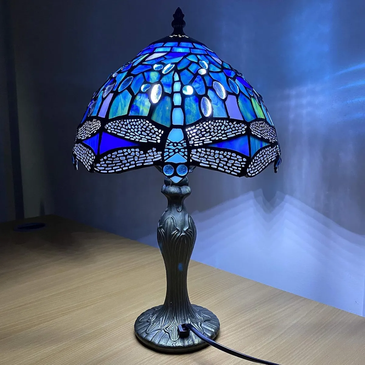 Tiffany Lamp 10 Inch Sapphire Dragonfly Stained - Image 2