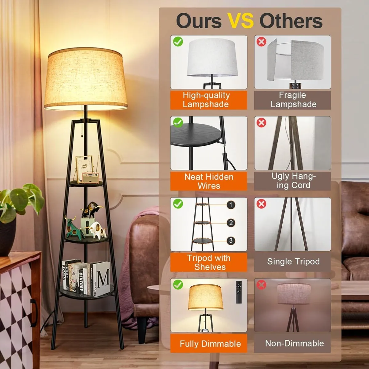 3 Layers Tripod Floor Lamp Bulb Included Shelf - Image 3
