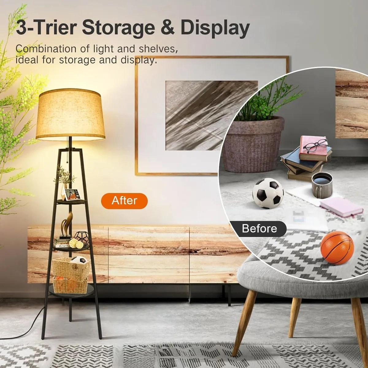 3 Layers Tripod Floor Lamp Bulb Included Shelf - Image 4