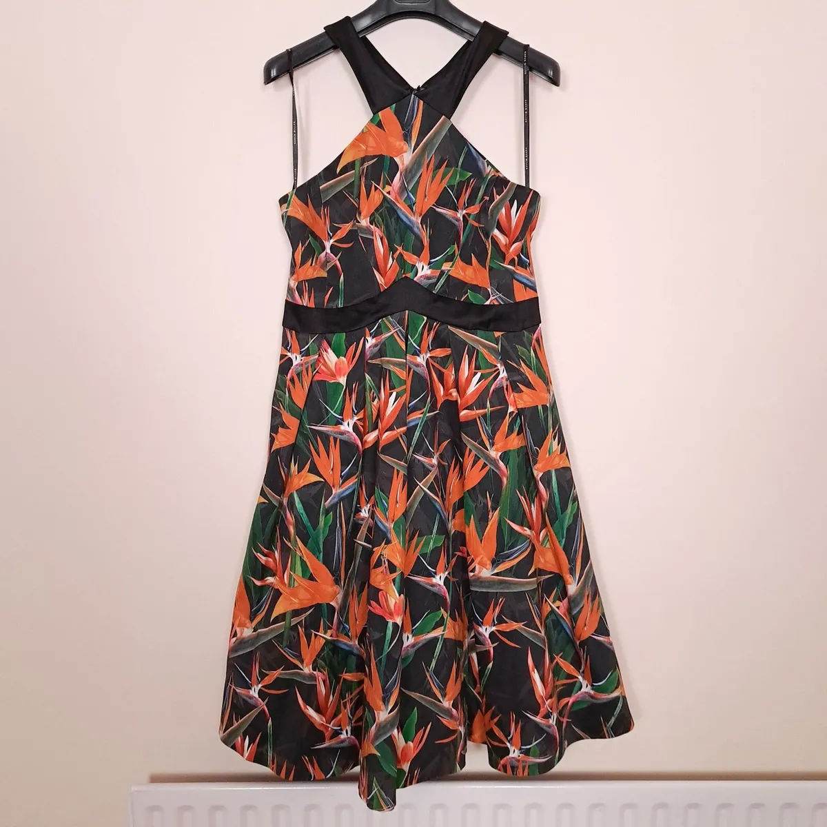 Karen Millen Black Orange Floral Flare Dress 14UK - Image 1