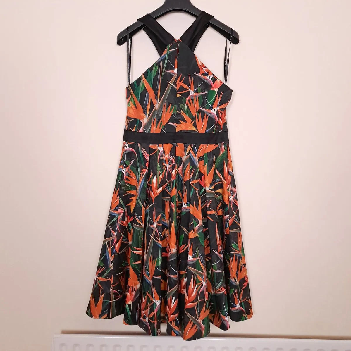 Karen Millen Black Orange Floral Flare Dress 14UK - Image 4