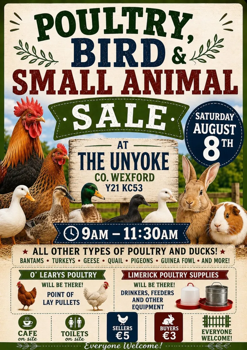 Poultry, Bird and animal sale Aug 8th