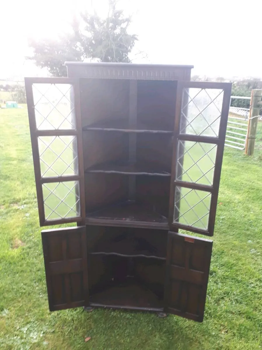 Antique Leaded Glass 4 Door Corner Cabinet - Image 4