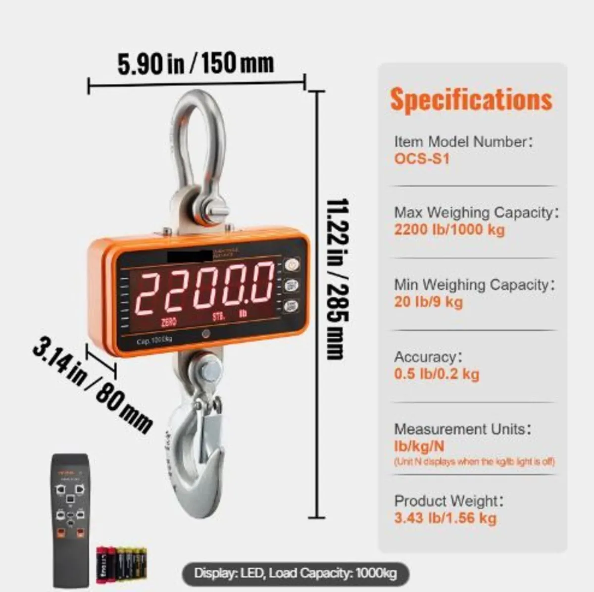 Digital Crane Scale, 2200 lbs/1000 kg, - Image 2