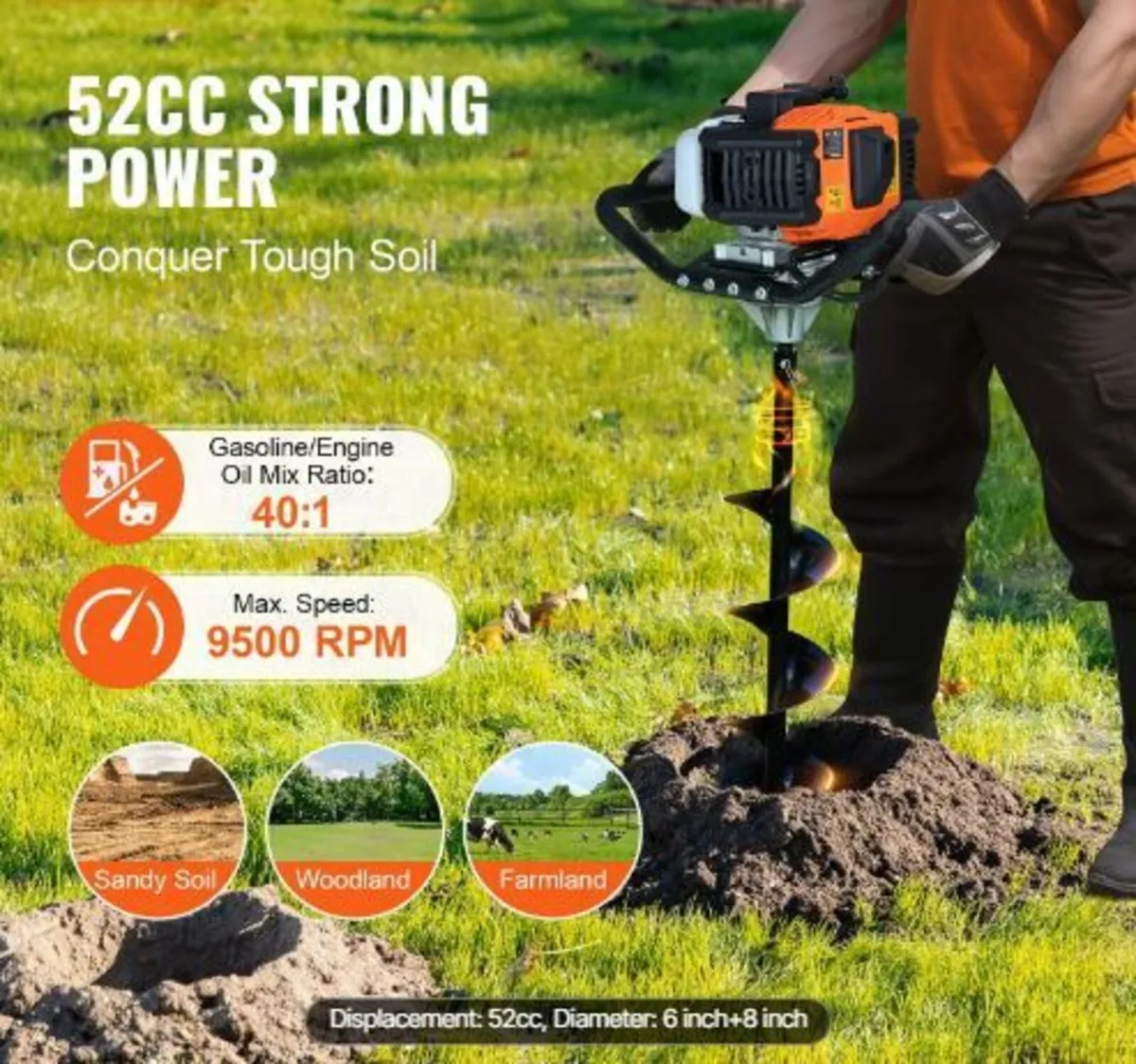Post Hole Digger Gas Powered, 52CC 1450W - Image 2