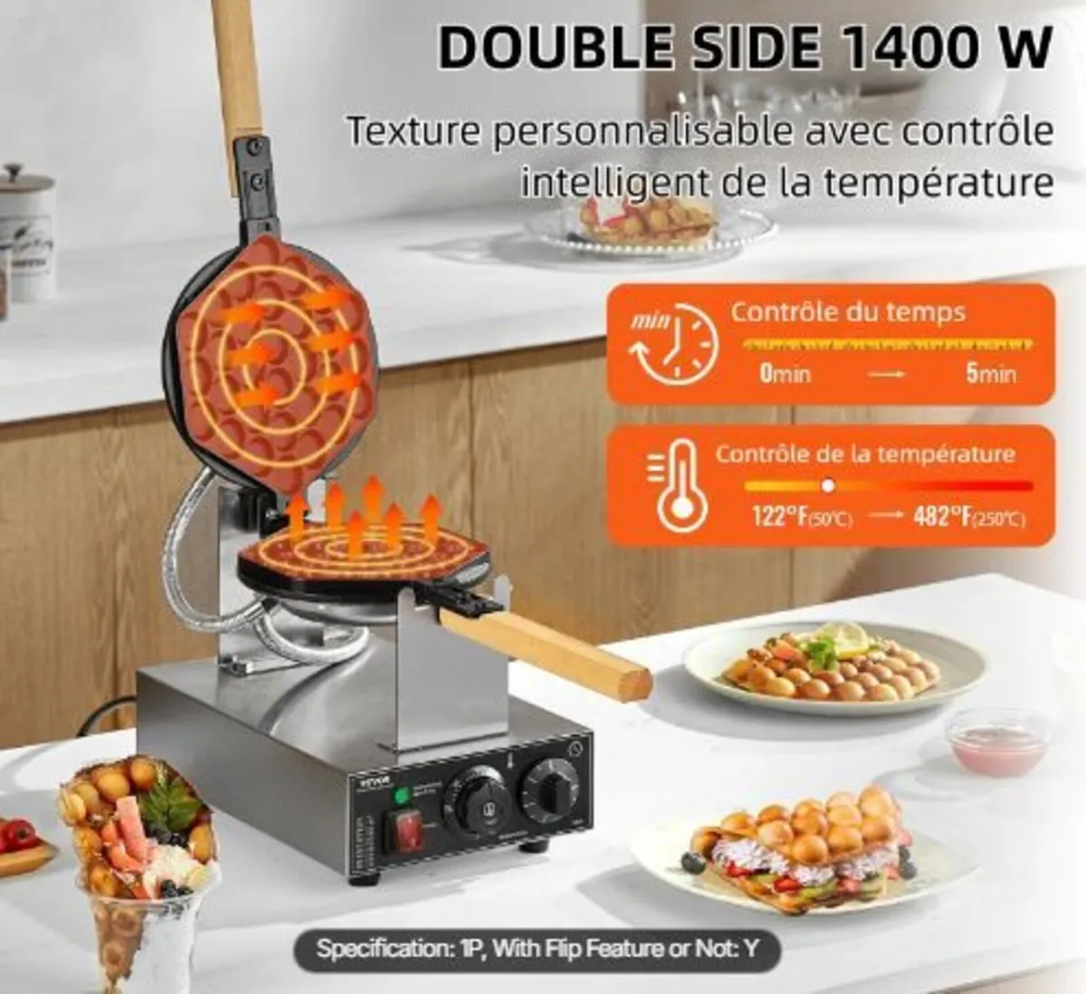 Commercial Bubble Waffle Maker, 1400W - Image 1
