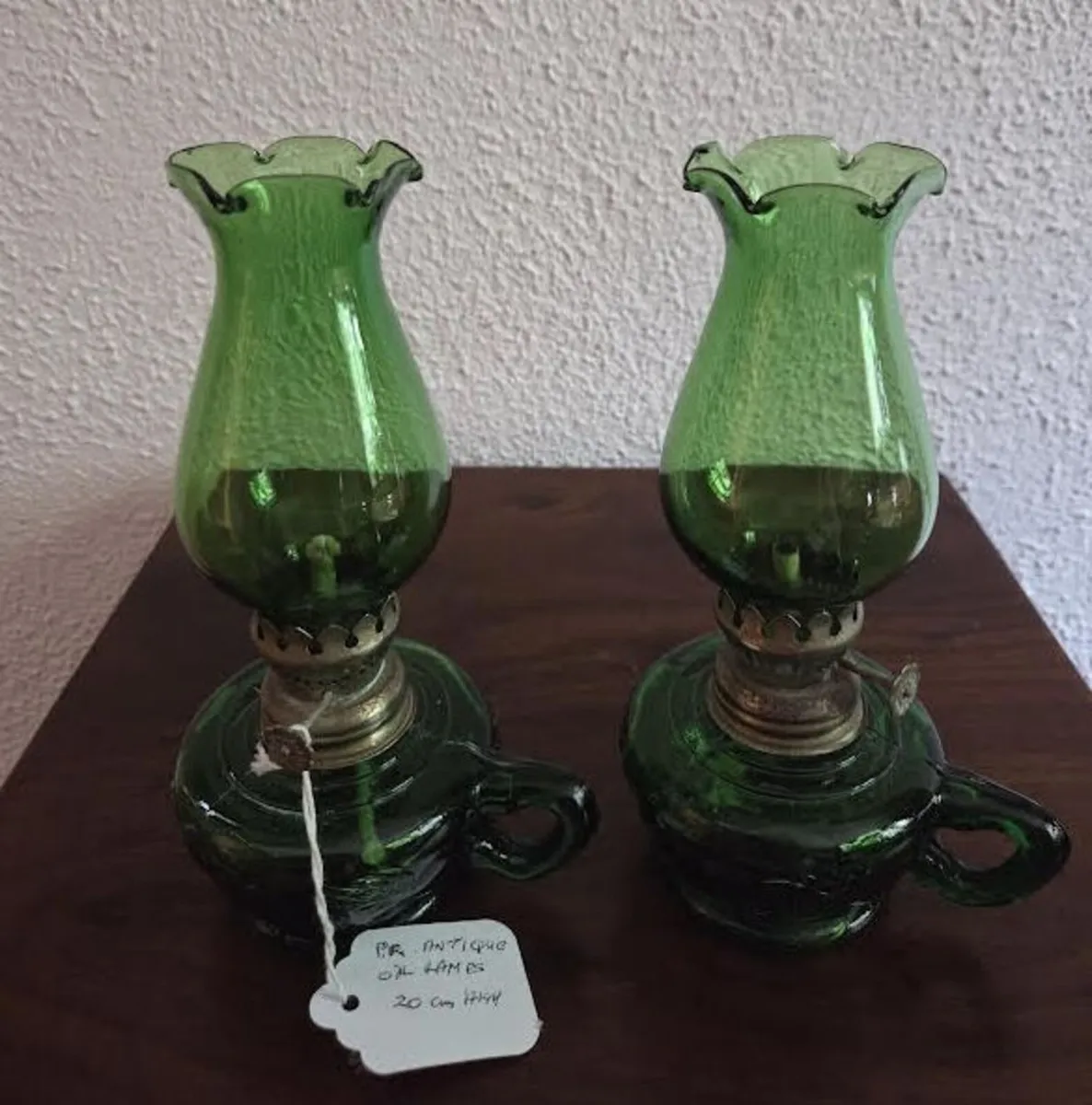 Pair Early Vintage Green Glass Oil Lamps - Image 1