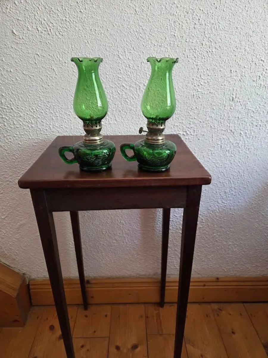 Pair Early Vintage Green Glass Oil Lamps - Image 2