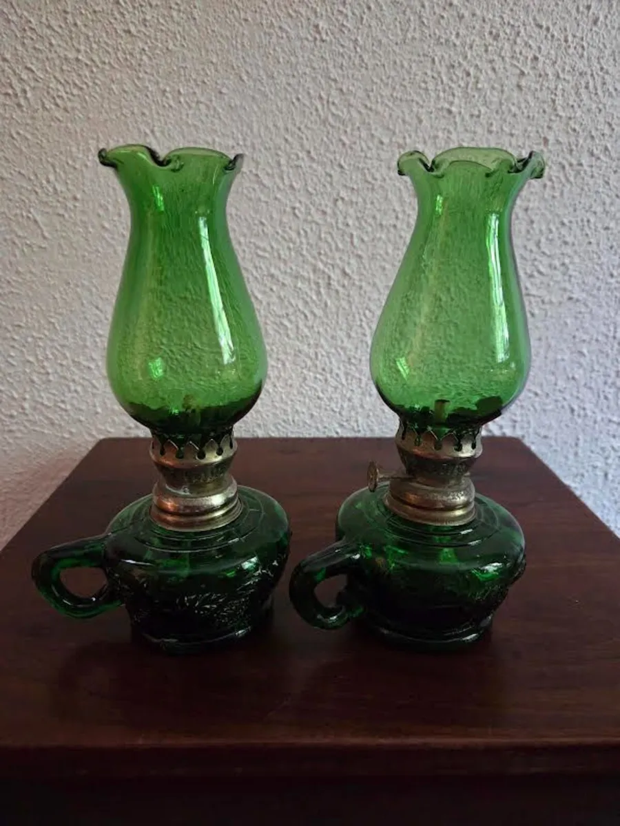 Pair Early Vintage Green Glass Oil Lamps - Image 3