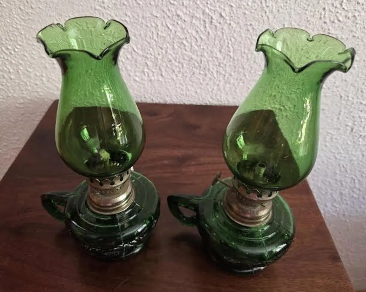 Pair Early Vintage Green Glass Oil Lamps - Image 4