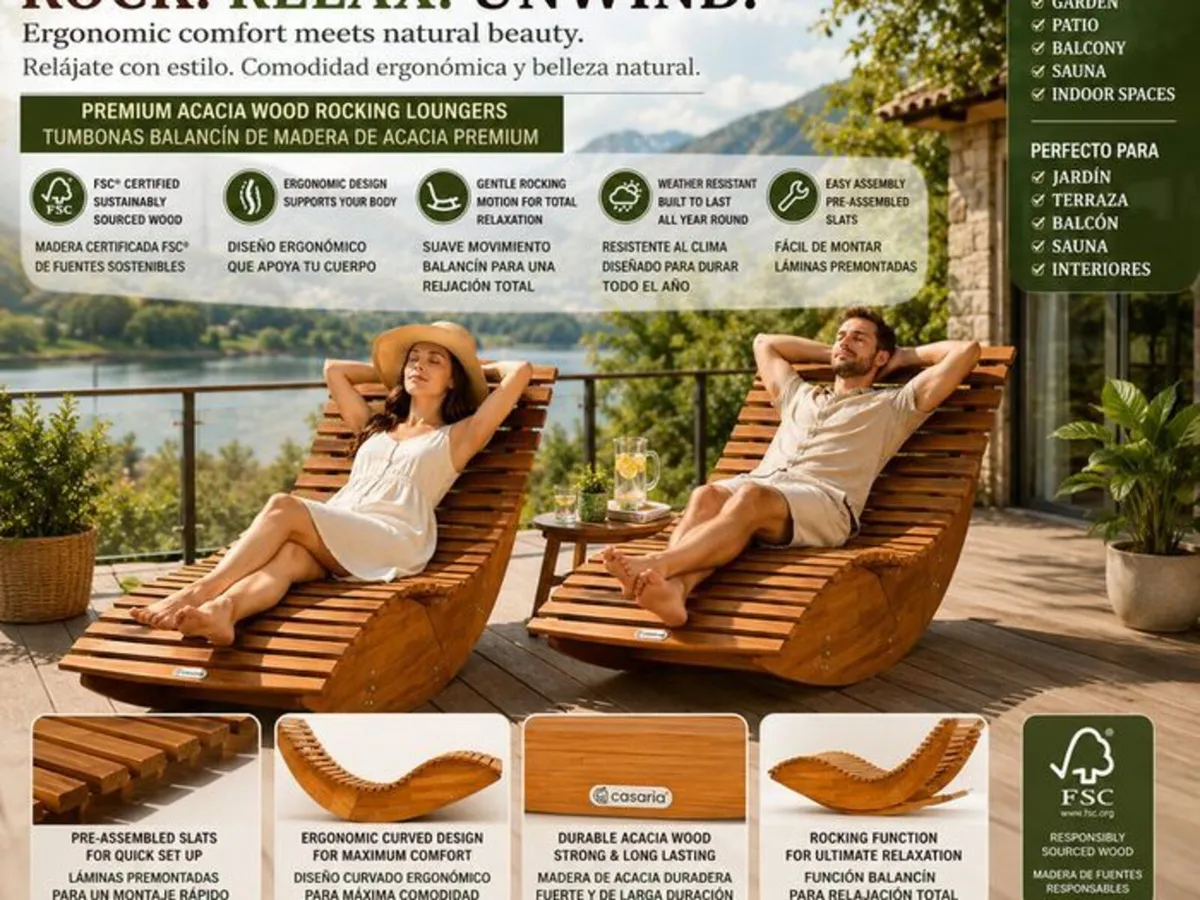 Set of 2 Acacia Wood Rocking Garden Loungers FSC C - Image 2