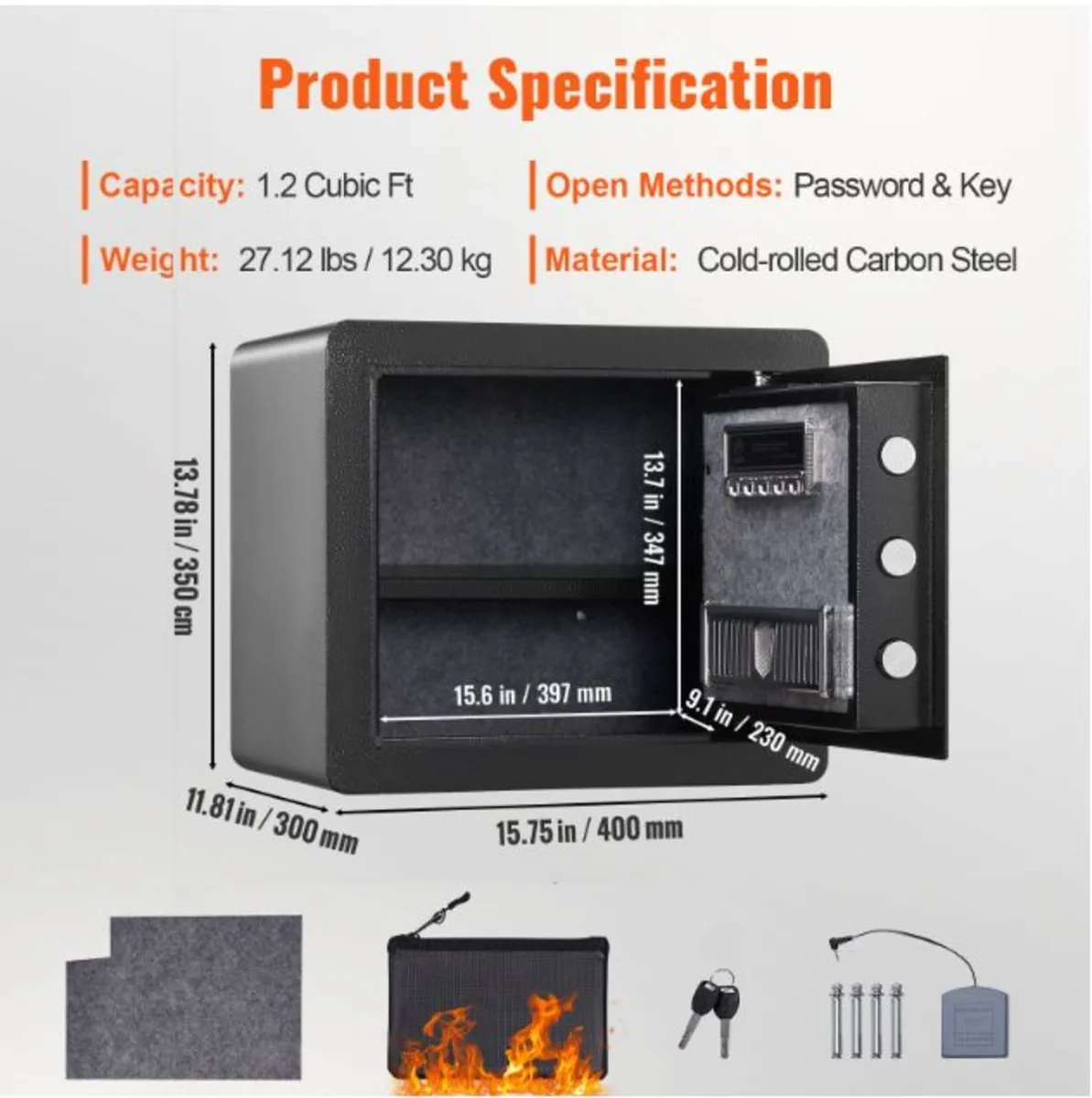 1.2 Cubic Ft, 34L Password + Key Security Safe - Image 2