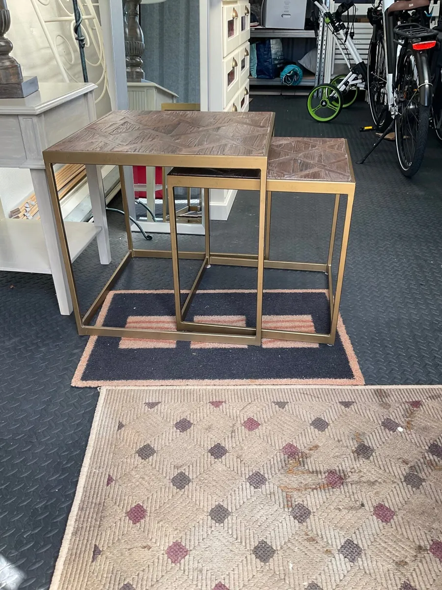 Dark Oak Nest of 2 Tables with Gold Leg - Image 1