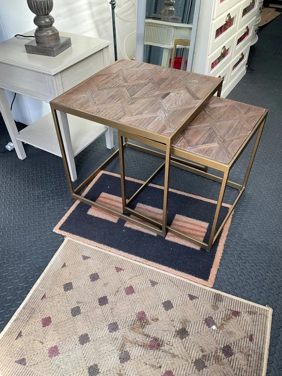Dark Oak Nest of 2 Tables with Gold Leg - Image 2