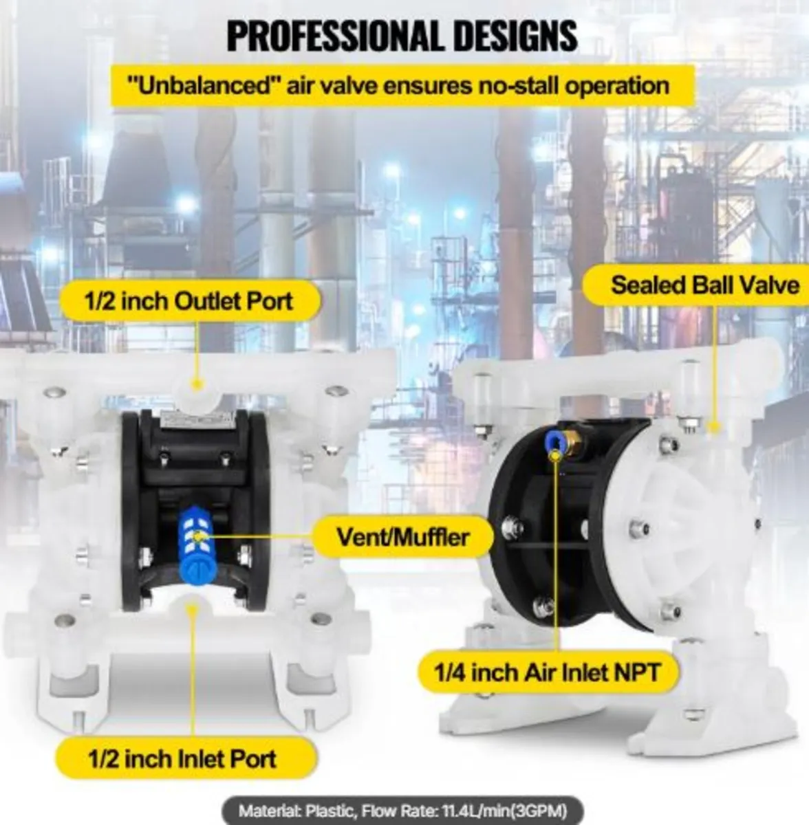 Air Double Diaphragm Pump 7GPM 100PSI Polypropylen - Image 2