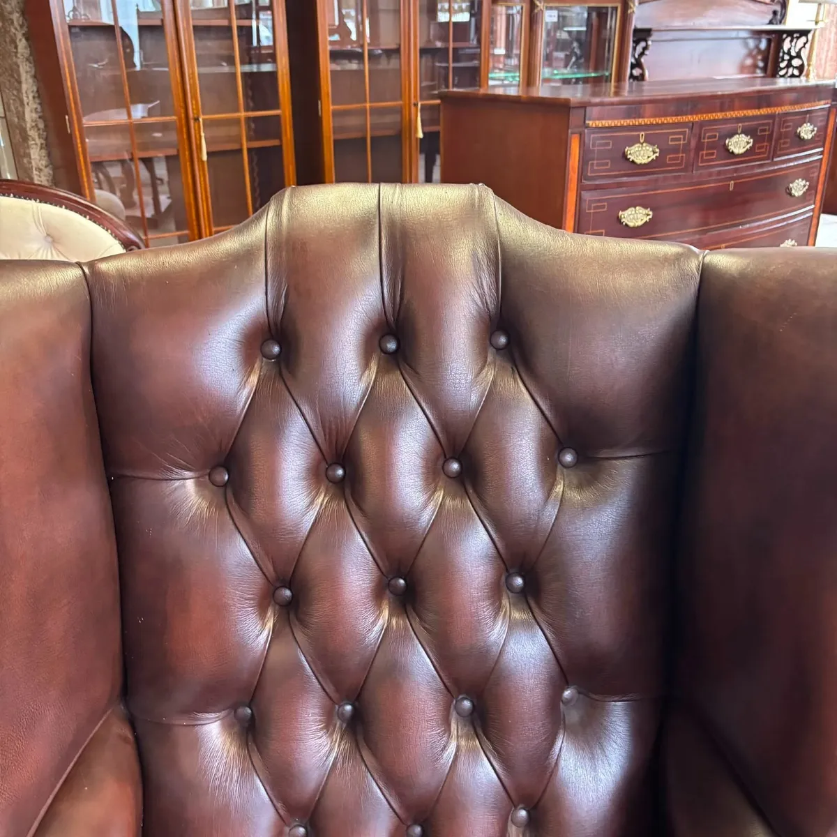 Preowned Queen Anne high back brown leather Cheste - Image 2
