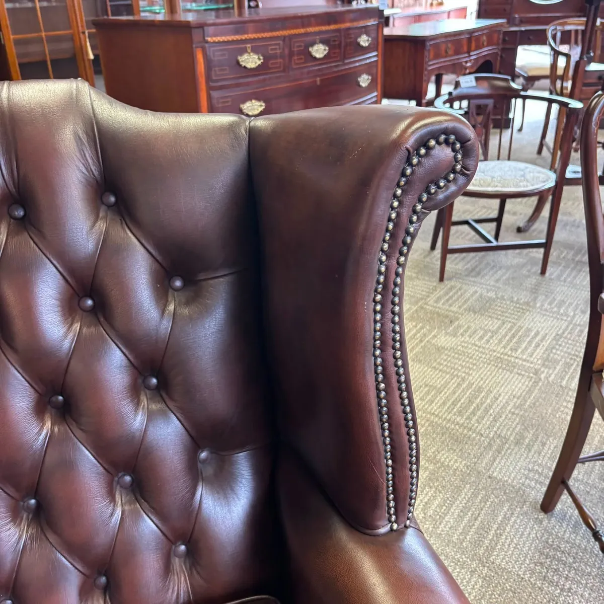 Preowned Queen Anne high back brown leather Cheste - Image 3