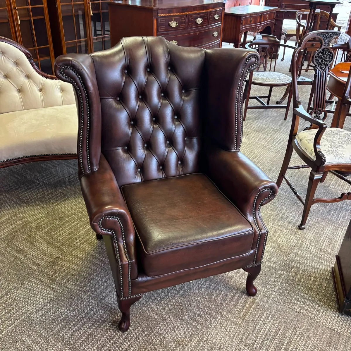Preowned Queen Anne high back brown leather Cheste - Image 1