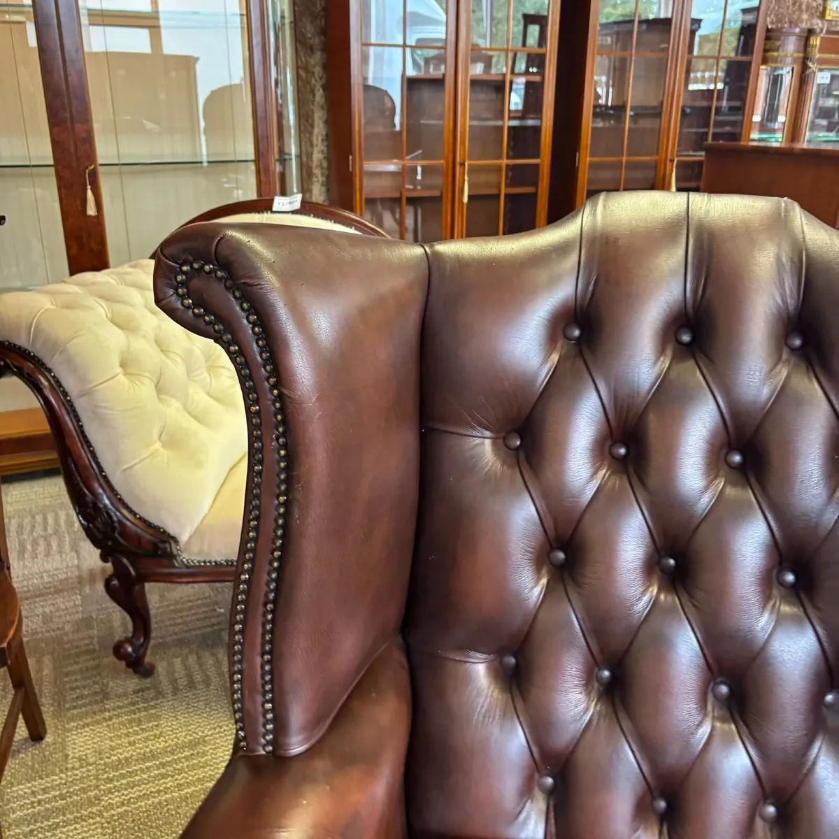 Preowned Queen Anne high back brown leather Cheste - Image 4