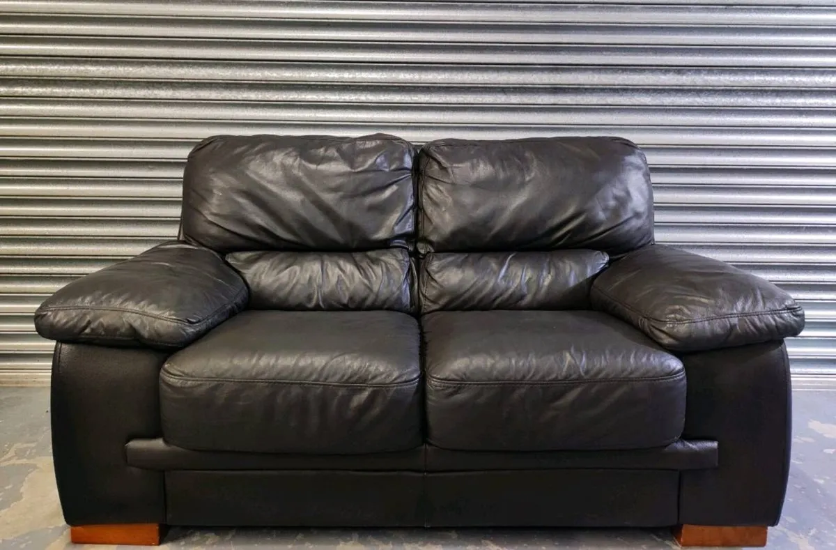 Black 2+1 seater leather sofa - Image 1