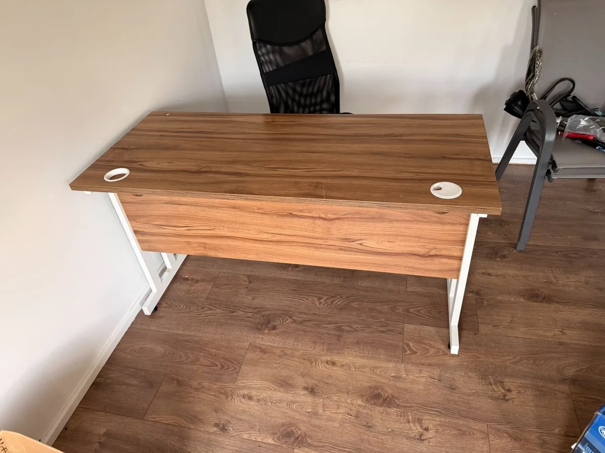 Walnut-Effect Office Desk - White Metal Frame - Image 1