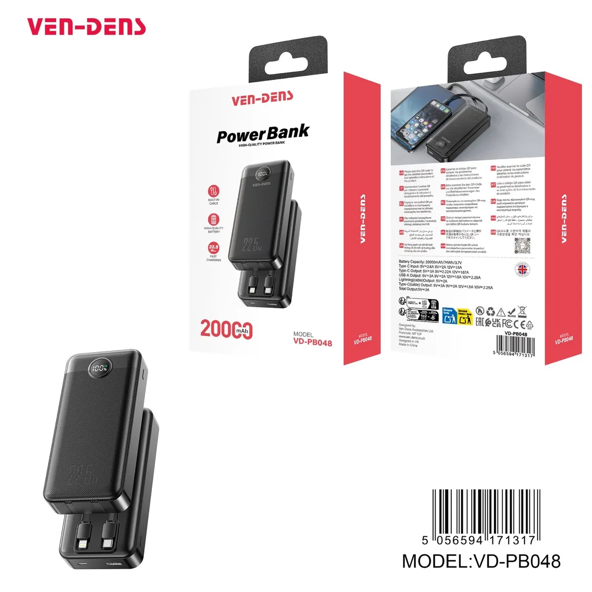 New Ven-Dens 20000mAh 22.5W 2 in 1 Fast Power Bank