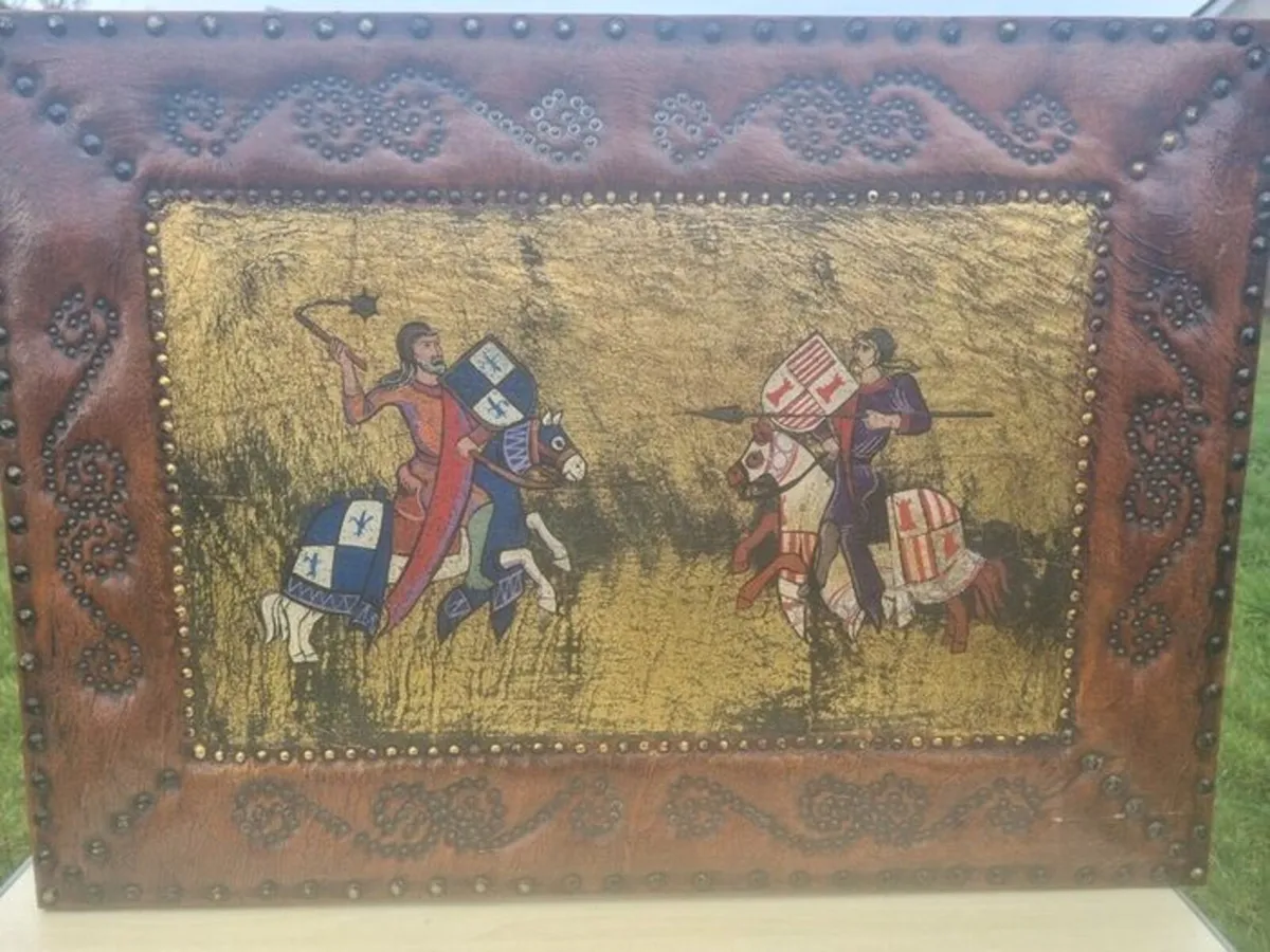 Vintage large leather painting of a medieval knigh - Image 1