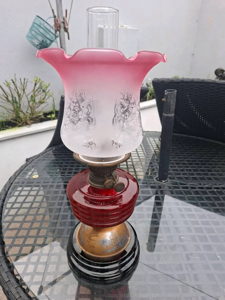 Antique Victorian British made Cranberry Oil Lamp - Image 1