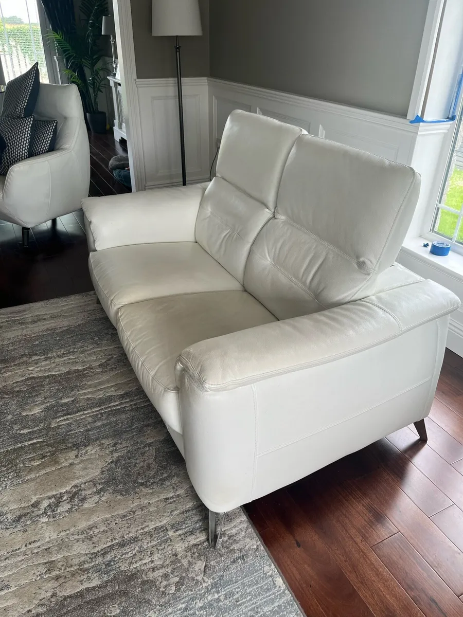 White Leather sofa and foot stool - Image 1