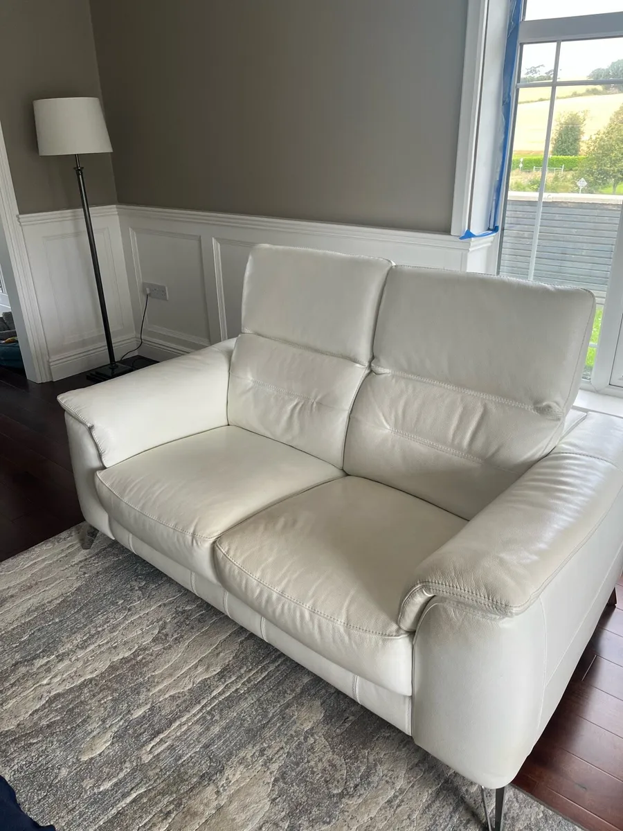 White Leather sofa and foot stool - Image 2