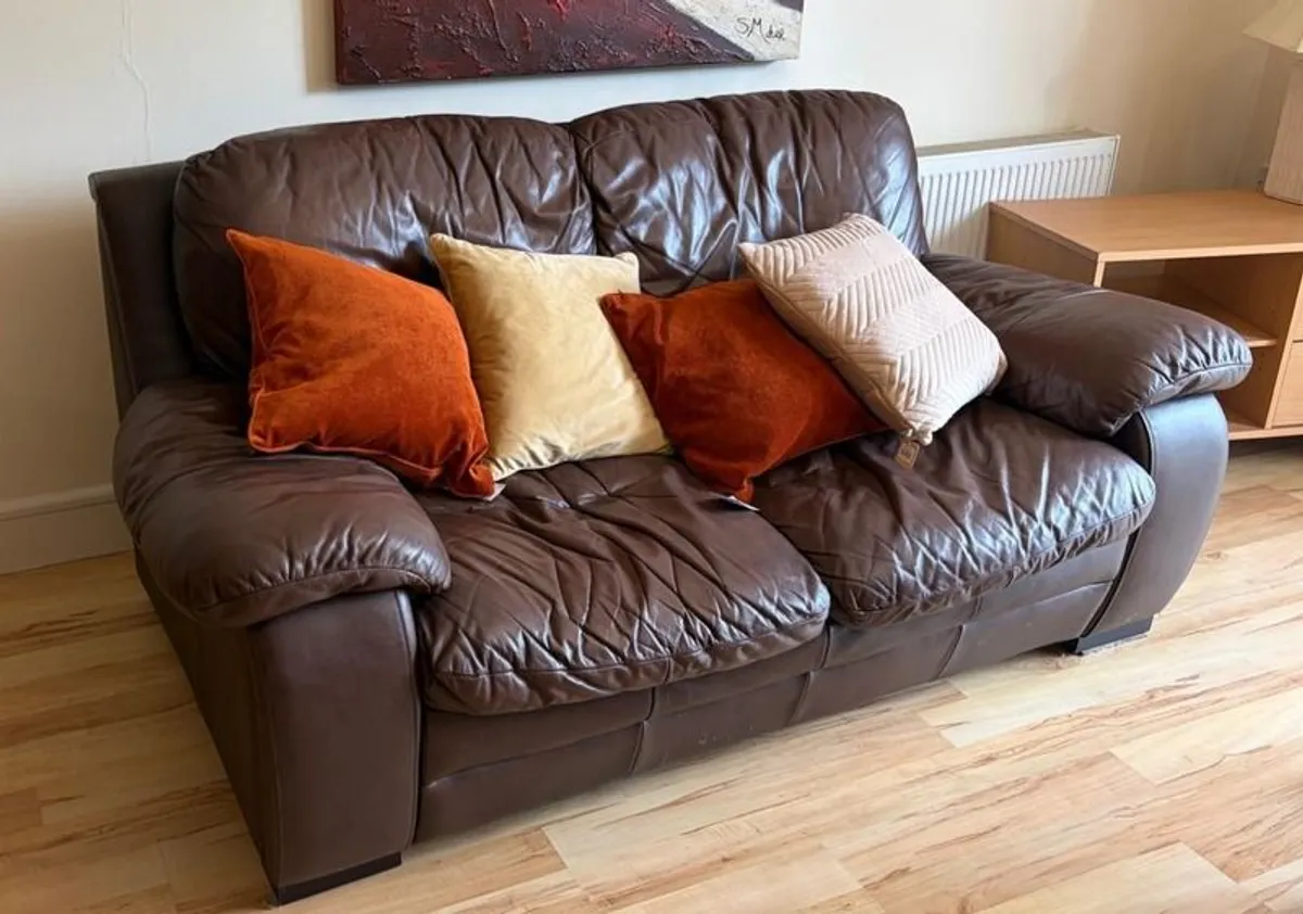 Brown leather 3-seater and 2-seater sofas (sold separately or together; open to offers) - Image 1