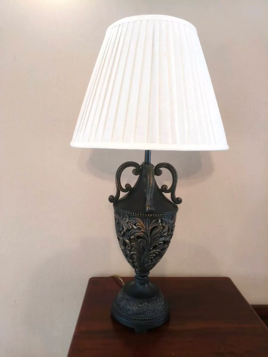 Black Ornate Lamp with white empire lampshade