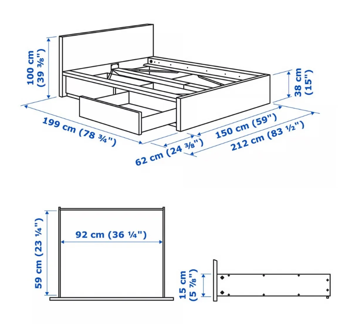 IKEA Malm Double Bed +4 Storage Drawers +Mattress - Image 4