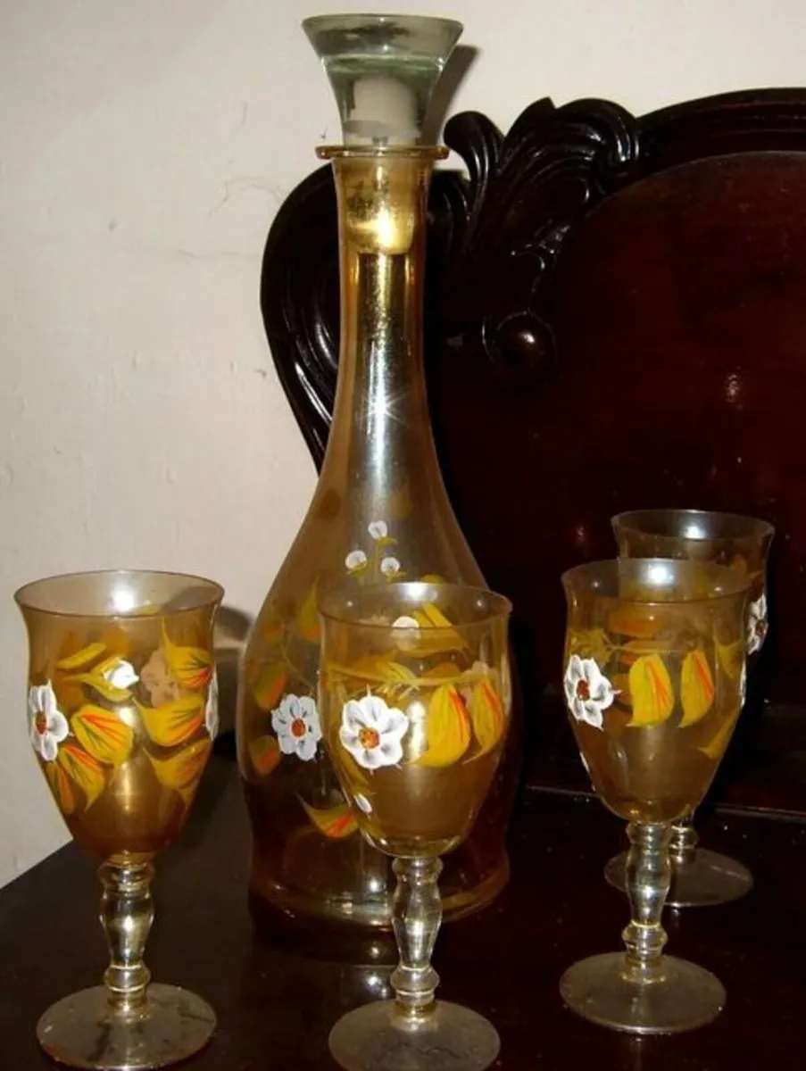 Vintage Bohemian Amber Glass Decanter & 4 Glasses - Image 1