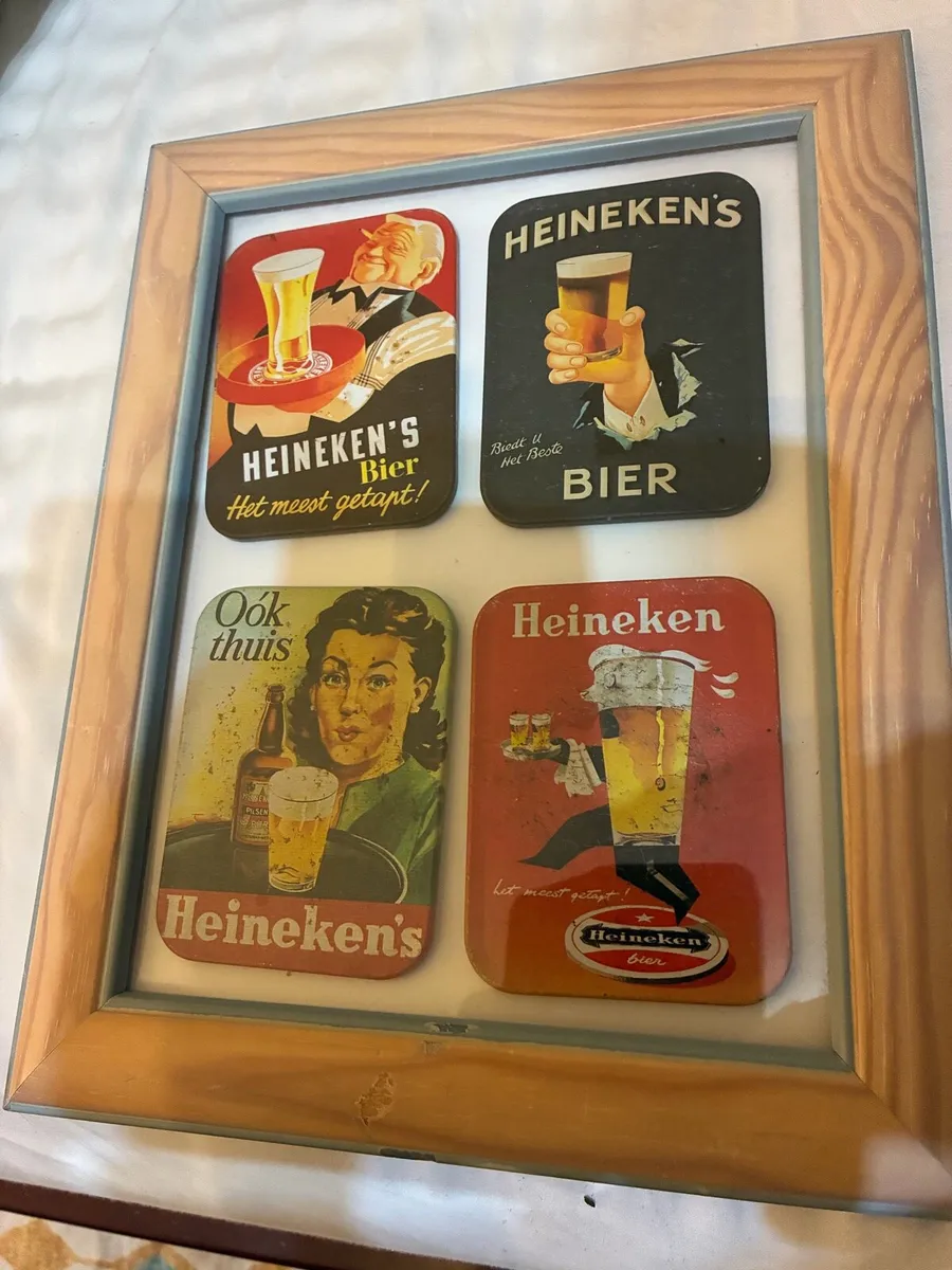 Framed Vintage Metal Heineken Coasters - Image 1