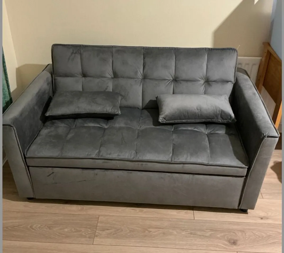 Sofa bed, grey velvet, 2-seater - Image 1